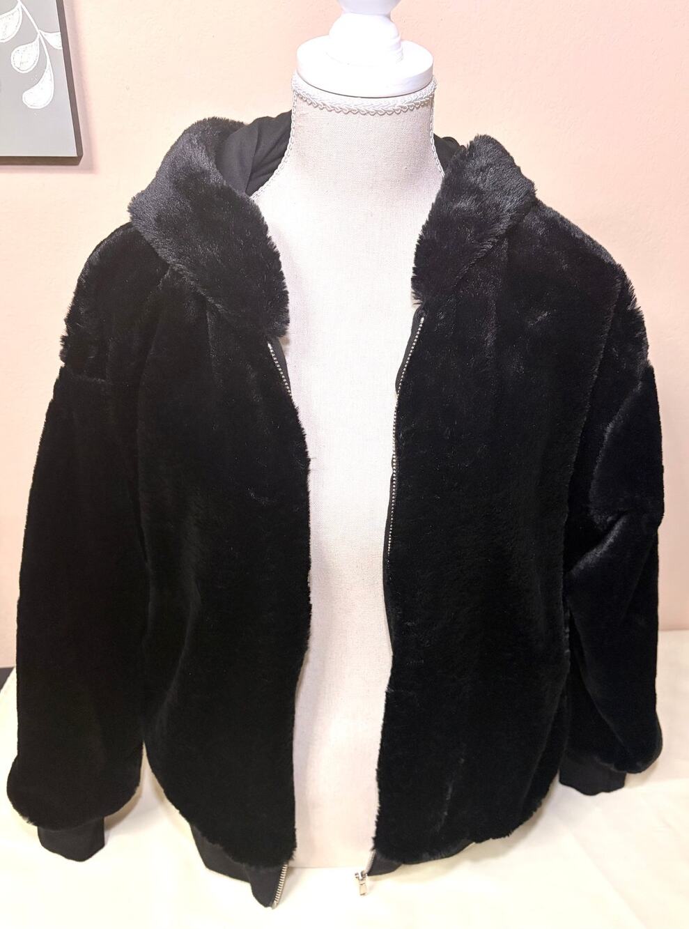 Topshop Black Faux Fur Hooded Bomber Jacket Zip UP Cozy Oversized M/L